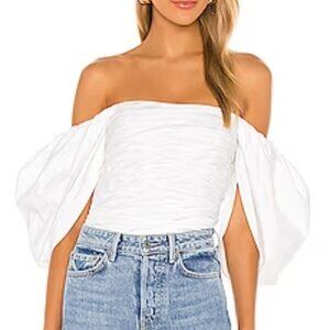 Aiifos Erin ruched blouse white stretch cotton top shirt puffed sleeve zipper XS